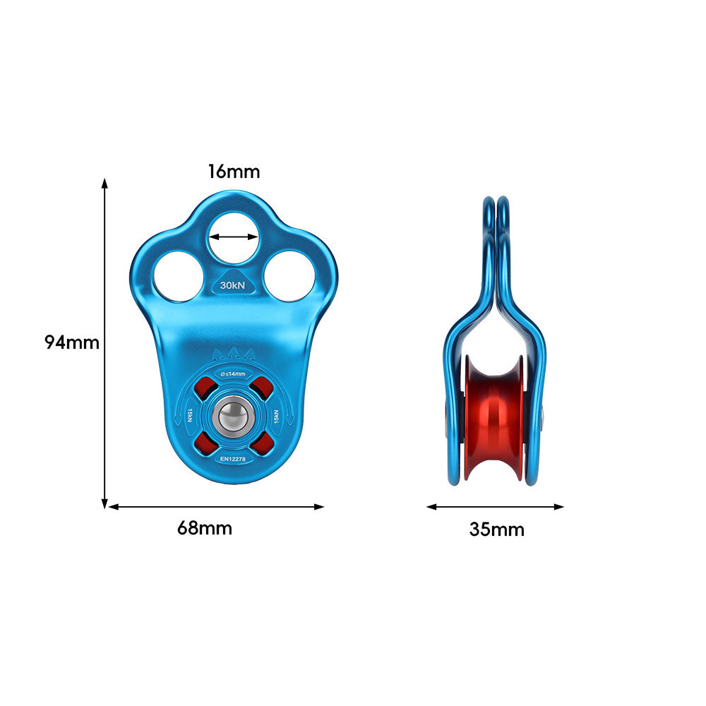 Blue+Red Portable 30KN 7075 Aluminum Alloy Single Pulley Built-in Ball Bearing 3-Hole Outdoor Rock Climbing Pulley