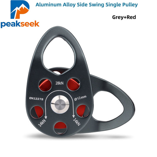 Peakseek Aluminum Alloy Side Swing Single Pulley 28KN Rock Climbing Pulley for 13MM Ropes Grey+Red
