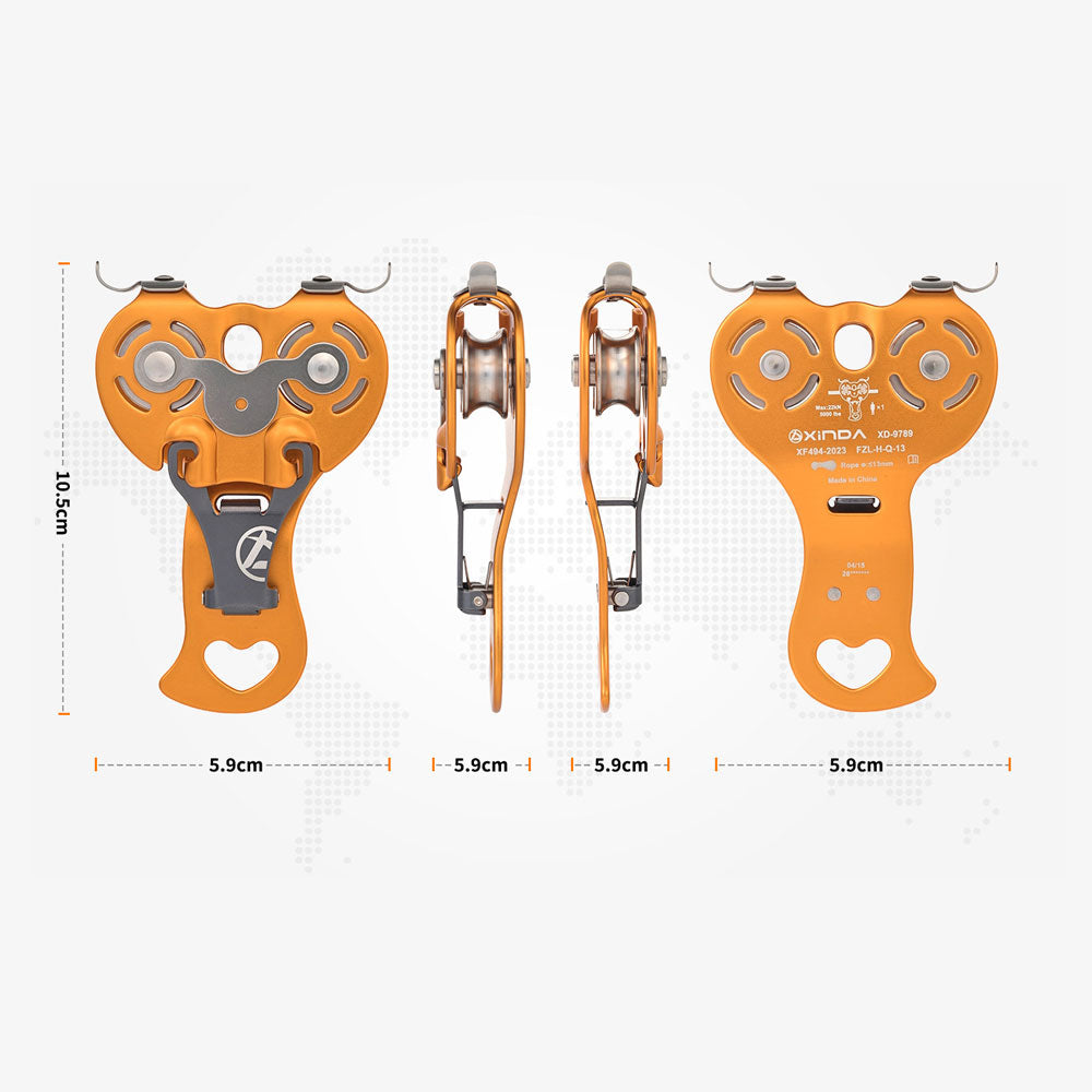 XD9789 Lightweight Sliding Cable Double Pulley 22KN 150KG Load for Outdoor Crossing Rock Climbing