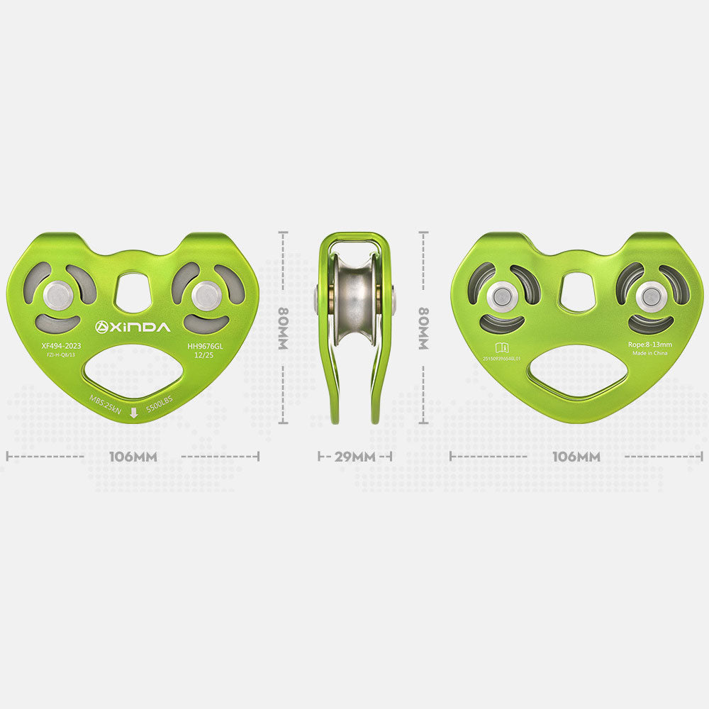 XINDA HH-9676 Mountaineer Rock Climbing Double Pulley 25KN Outdoor Crossing Twin Wheel Pulley for 8-13MM Ropes