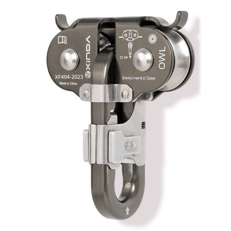 XINDA H-9751 OWL Pulley Twin Pulley 22KN Aluminum+Stainless Steel Crossing Zip-line Double Pulley for Outdoor Rock Climbing -Gray