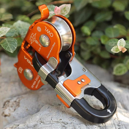 Peakseek H-9751 OWL Pulley Twin Pulley 22KN Crossing Zip-line Double Pulley for 8-13mm Rope Outdoor Rock Climbing -Orange