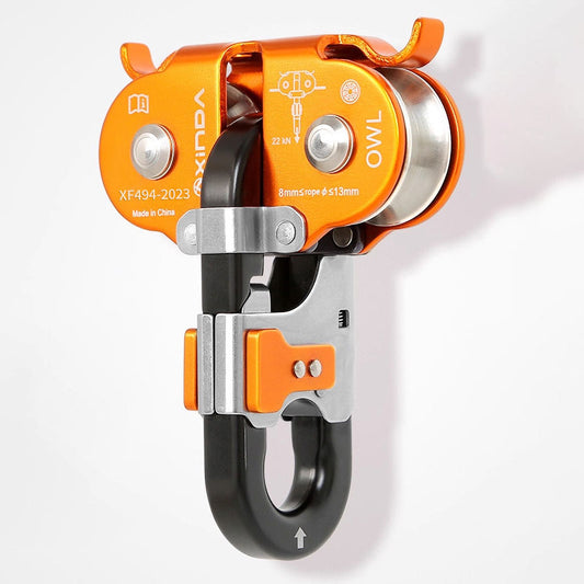 Peakseek H-9751 OWL Pulley Twin Pulley 22KN Crossing Zip-line Double Pulley for 8-13mm Rope Outdoor Rock Climbing -Orange