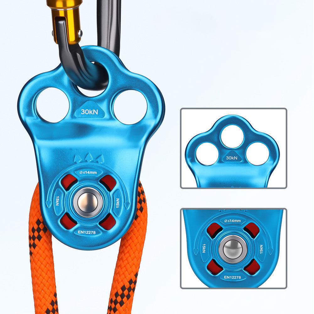 Blue+Red Portable 30KN 7075 Aluminum Alloy Single Pulley Built-in Ball Bearing 3-Hole Outdoor Rock Climbing Pulley