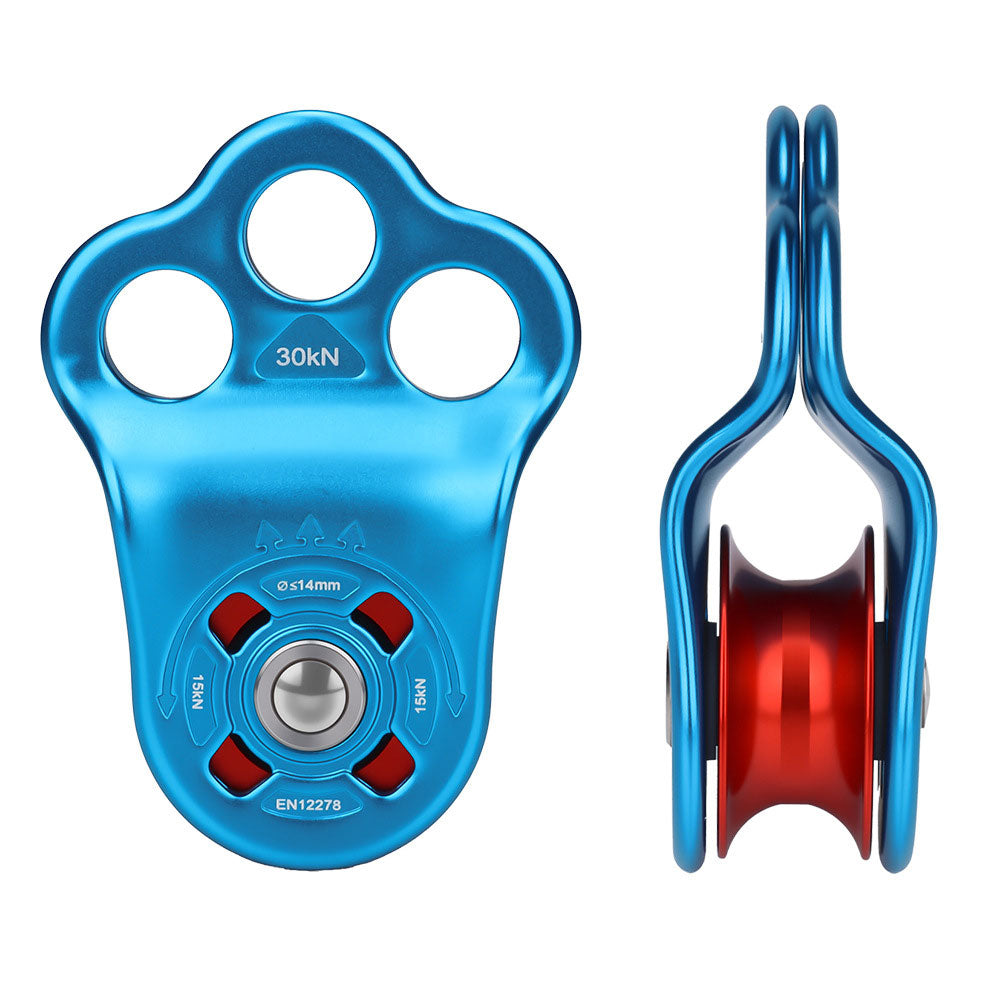 Blue+Red Portable 30KN 7075 Aluminum Alloy Single Pulley Built-in Ball Bearing 3-Hole Outdoor Rock Climbing Pulley