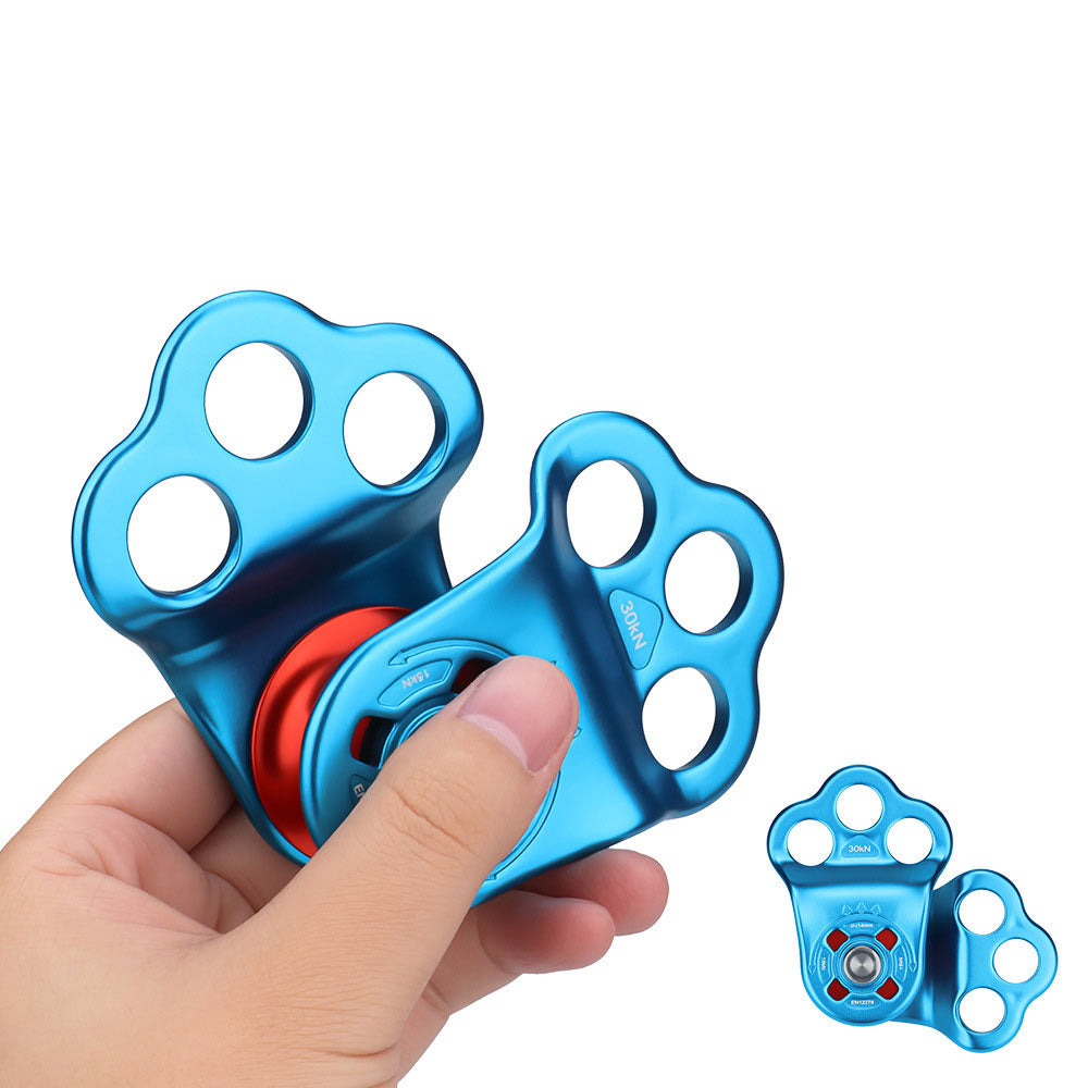 Blue+Red Portable 30KN 7075 Aluminum Alloy Single Pulley Built-in Ball Bearing 3-Hole Outdoor Rock Climbing Pulley