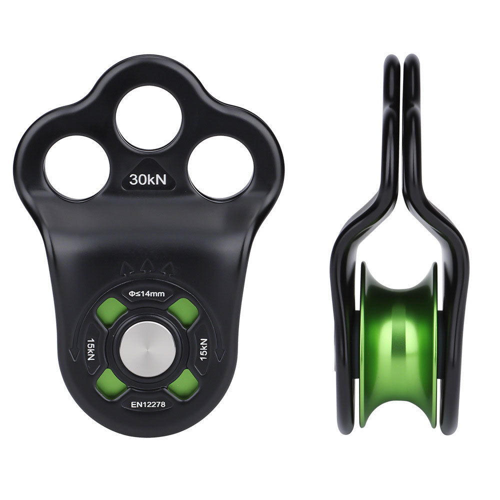 Black+Green Portable 30KN 7075 Aluminum Alloy Single Pulley Built-in Ball Bearing 3-Hole Outdoor Rock Climbing Pulley