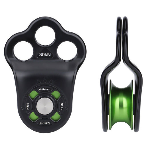 Black+Green Portable 30KN 7075 Aluminum Alloy Single Pulley Built-in Ball Bearing 3-Hole Outdoor Rock Climbing Pulley