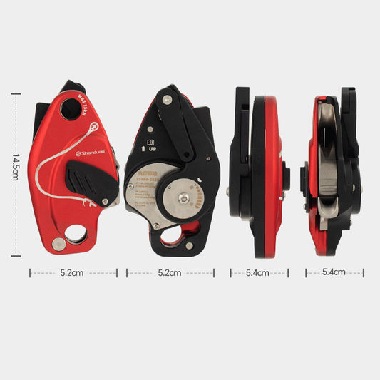 Red QF-DX1 Outdoor Rock Climbing Descender Manual Control 200KG Load Capacity for 10-12mm Ropes